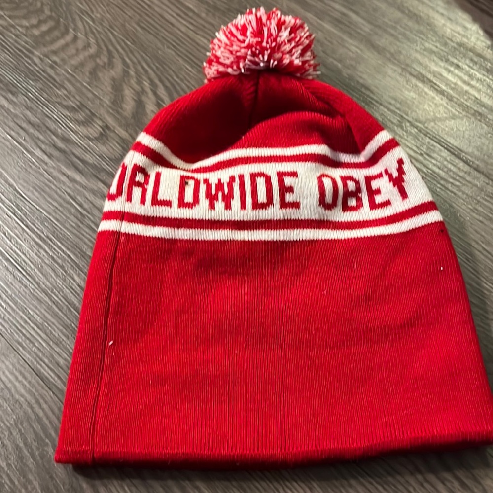 Red and white obey beanie